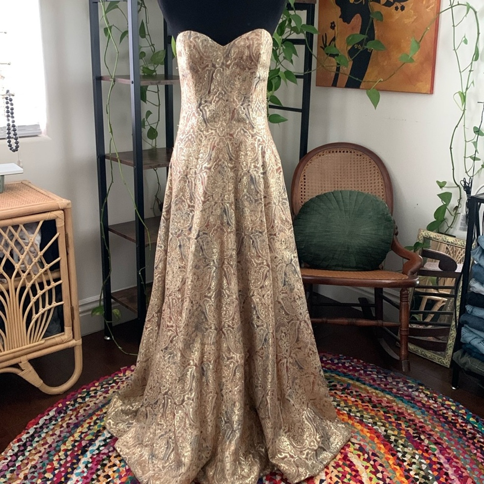 Vintage Victor Costa For Neiman Marcus Gold Damask Strapless Maxi Gown Dress